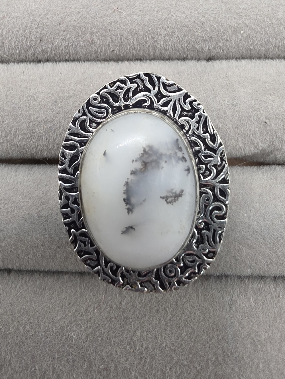 Silver Plated White Dendritic Agate Statement Ring Size 9 1/2